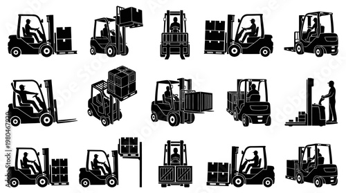 Logistics Warehouse Industrial Forklift Operators Silhouette Icons Set