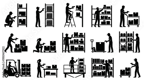 Warehouse Logistics Icons: Workers with Boxes and Shelves, Black and White