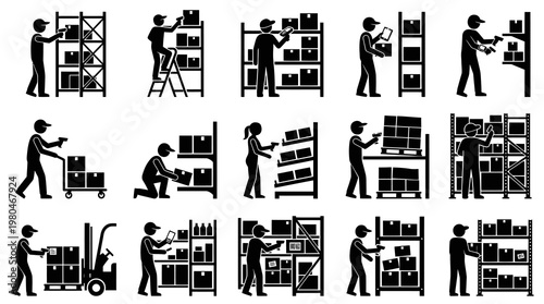 Warehouse Logistics Inventory Management Workers Glyph Pictogram Icons Set