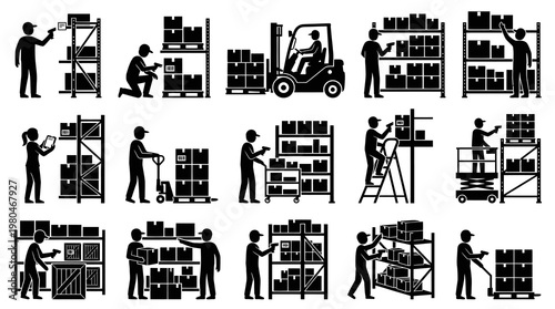 Glyph Icons Set: Warehouse Logistics Workers, Inventory  Supply Chain Operations Silhouettes