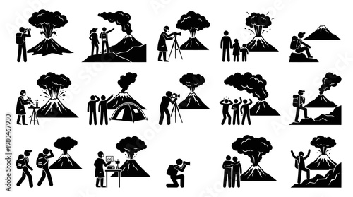 Black  White Glyph Pictograms: People with Volcanic Eruptions, Science, Nature  Adventure