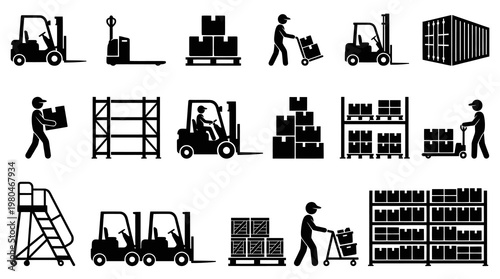 Warehouse Logistics Icons: Forklifts, Pallets, Shelving, and Cargo Handling
