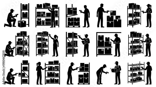 Warehouse Workers Scanning Packages, Inventory Management, Black  White Icon Set