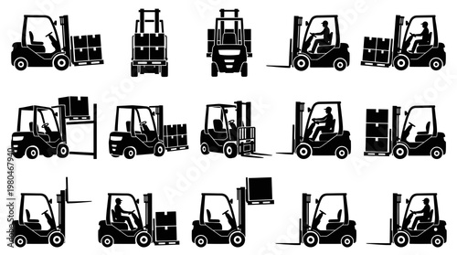 Logistics Forklift Truck Glyph Icons Set - Warehouse Cargo Handling Silhouette Vector