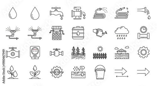 Collection of water-related icons representing various aspects of water management and usage.