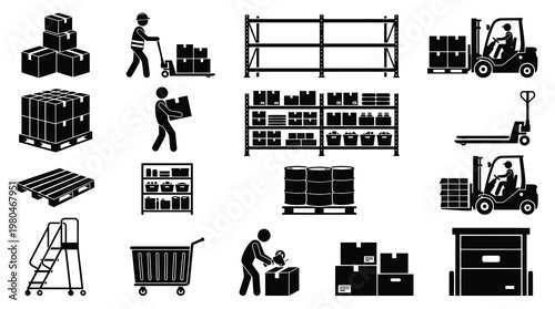 Warehouse Icons: Forklift, Pallet Jack, Shelving, Boxes, Cart, Ladder