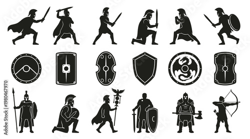 Historical  Fantasy Warriors and Shields Silhouette Vector Icons Collection