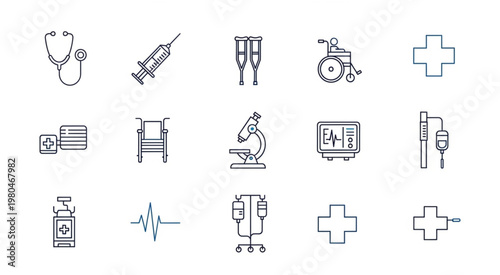 Medical equipment and healthcare symbols for medical treatment and care.