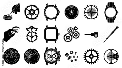 Watchmaking Icons: Gears, Tools, and Movements in Black and White
