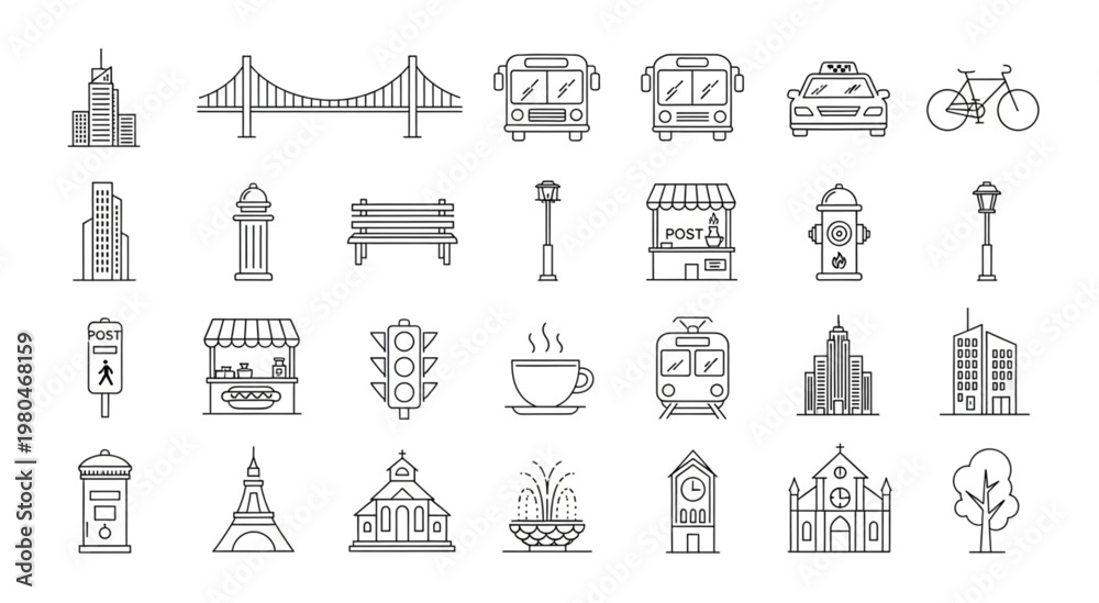 Obraz premium Collection of urban city elements and transportation icons in line art style.