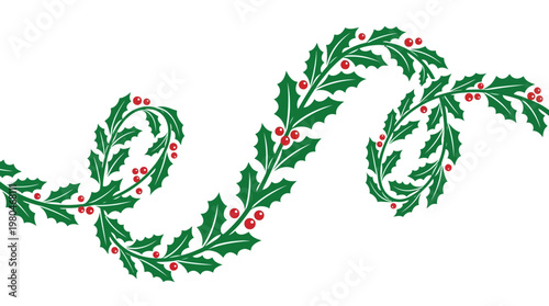 Whimsical Holly Garland with Red Berries, Elegant Swirling Christmas Decoration