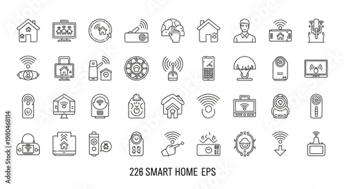 Collection of smart home technology icons representing various connected devices and systems.