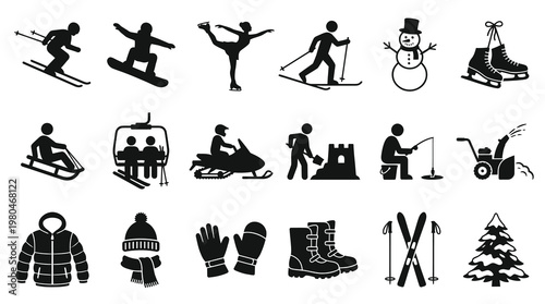 Winter Sports Icons: Skiing, Snowboarding, Ice Skating, Snowman, Snowblower, Snowmobile, Boots, Tree