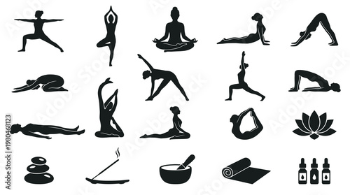 Yoga Poses, Meditation, Wellness Icons - Black  White Glyph Art