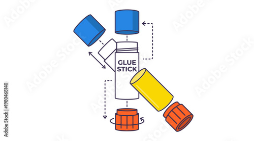 Exploded view illustration of a glue stick with its components disassembled and reassembled, showcasing its design and functionality