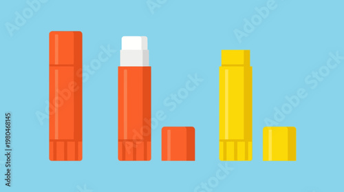 Colorful modern flat vector illustration featuring a set of glue sticks. Orange and yellow adhesive stationery for office, school, and crafts