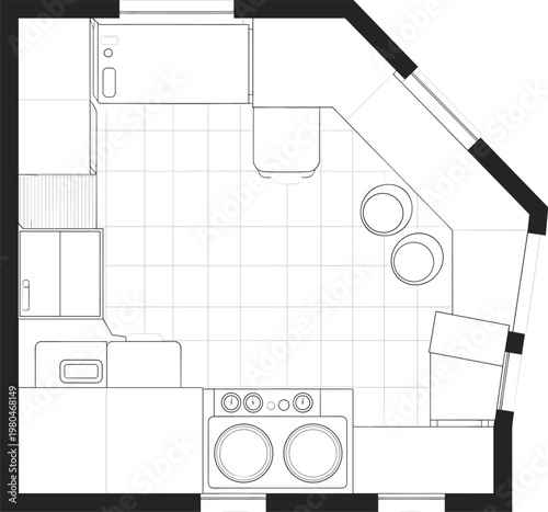 Flat vector laundry room floor plan, washer dryer sink cabinet design