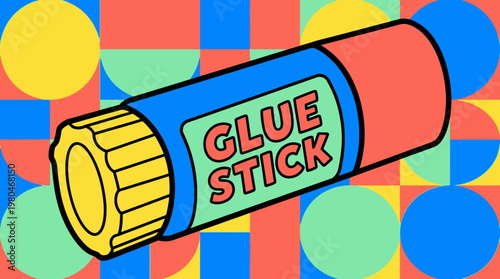Flat vector illustration of a colorful adhesive glue stick against a vibrant geometric background, perfect for school and craft projects