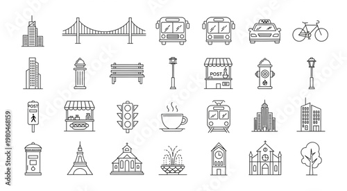 Collection of urban city elements and transportation icons in line art style.