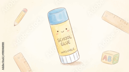 A cute and adorable glue stick with a smiling face, surrounded by school supplies like pencils and rulers, in a whimsical cartoon style
