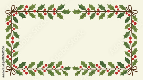 Festive Holly Border with Berries and Bows, Perfect for Holiday Greetings and Decorations