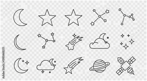 Celestial bodies and space elements in a minimalist line art style.