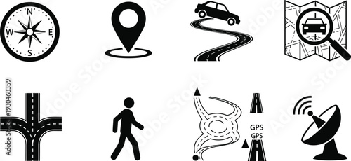 Navigation and map icon set featuring compass location route gps walking direction symbols for travel guidance and wayfinding design