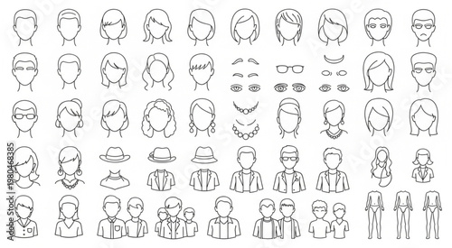 Collection of various line art illustrations of peoples faces and accessories.