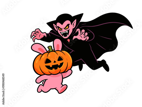 Cute Pink Bunny Running in Jack O Lantern Pumpkin Costume Chased by Scary Vampire Dracula, Halloween Cartoon Vector Illustration Isolated on White