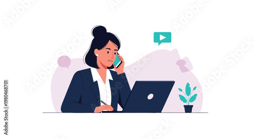 Business woman talking on a mobile phone while working on a laptop computer in a clean and modern office setting.