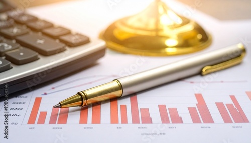 Financial documents with charts calculator and balance scale