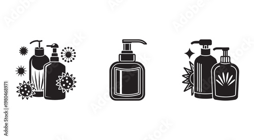 Hand sanitizer bottles with germs and cleanliness illustrations  soap dispensers and virus icons in black and white