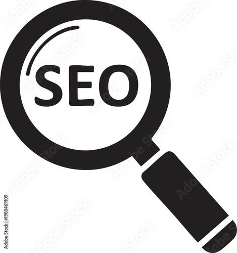 SEO optimization, search engine, magnifying glass icon, vector, black