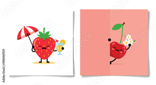 Fun summer illustrations featuring a cute strawberry character with a drink and a cherry character behind a door.