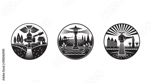 Irrigation system farm field house trees city buildings lighthouse sun rays  agricultural landscape