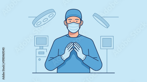 Illustration of a surgeon in a blue scrub suit and mask, standing in an operating room with surgical lights