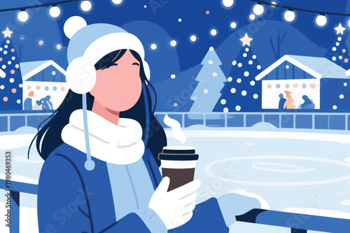 Illustration Of A Woman Carrying A Cup Of Coffee At An Ice Skating Rink On A Winter's Night Vector Design Template