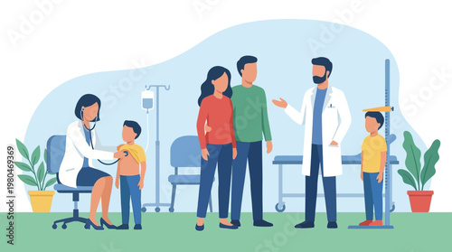 Comprehensive family healthcare visit illustration depicting parents and children receiving medical check-ups and expert consultations for a healthy future