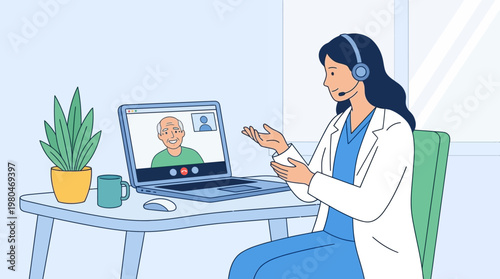 Doctor wearing headset consulting patient via video call on laptop in a modern office setting