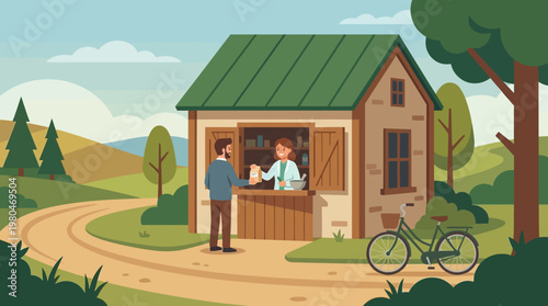 Rural roadside shop transaction with customer and vendor in a charming countryside setting, promoting local commerce and community interaction
