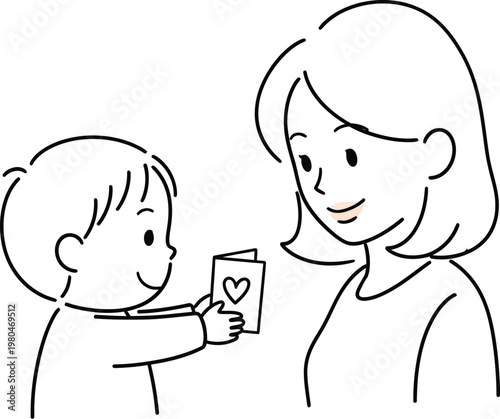 Young child happily presenting a heartfelt homemade card with a heart symbol to a smiling mother, symbolizing love and appreciation.