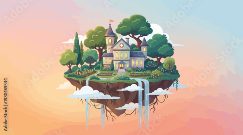 A serene and magical floating island sanctuary, featuring a grand house, lush gardens, and cascading waterfalls under a vibrant sky