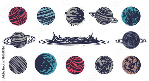 Collection of various stylized planets and a space ring element in a vintage comic or textured art style for cosmic exploration.