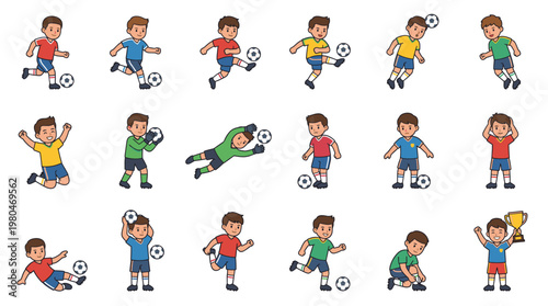 Soccer player cartoon set showing boy performing football actions such as kicking running scoring and celebrating in dynamic sports vector illustration