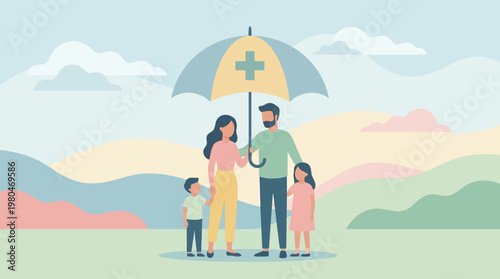 Family Health Insurance Protection Secure Future Under Medical Umbrella in Minimalist Landscape Illustration