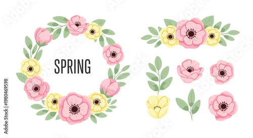 Spring floral wreath with pink and yellow flowers accompanied by separate botanical elements for customized greeting card designs.