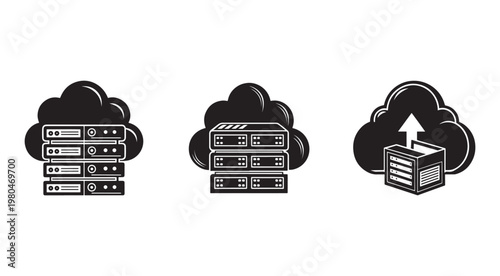 Server and cloud computing icons showing data storage and transfer  cloud storage and server icons set