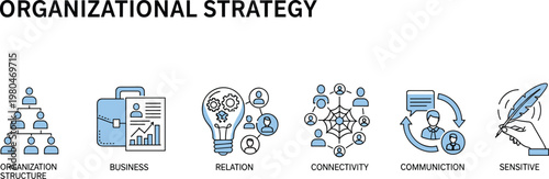 Organizational strategy icon set in flat style featuring business structure communication connectivity leadership and planning concepts for corporate management design