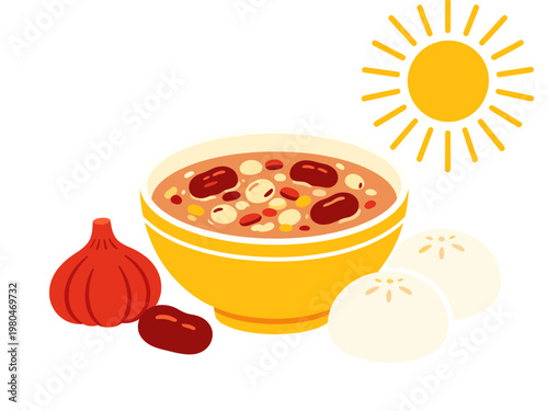 Laba Festival Laba Congee Porridge Bowl with Mixed Grains and Beans, Red Garlic and Steamed Buns Under Bright Sun Vector Illustration Art