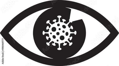 Black and white eye with COVID-19 virus icon, coronavirus symbol, pandemic concept, health warning sign